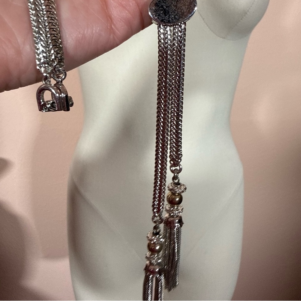 Monet 1960’s Silver Modernist Minimalist Lariat Necklace Bolo tie tassels - Picture 8 of 17